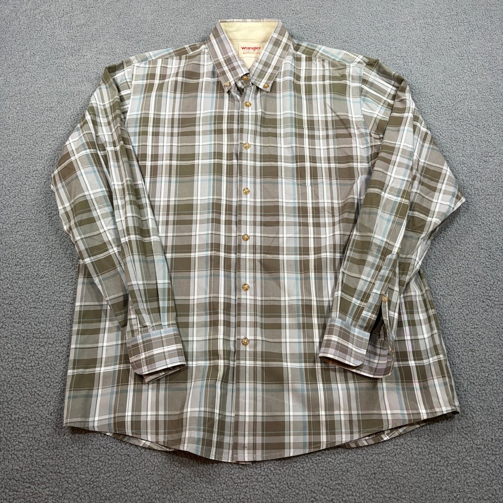 Wrangler Shirt Mens Large Brown Plaid Authentics Button Down HLP3KLD Long Sleeve
